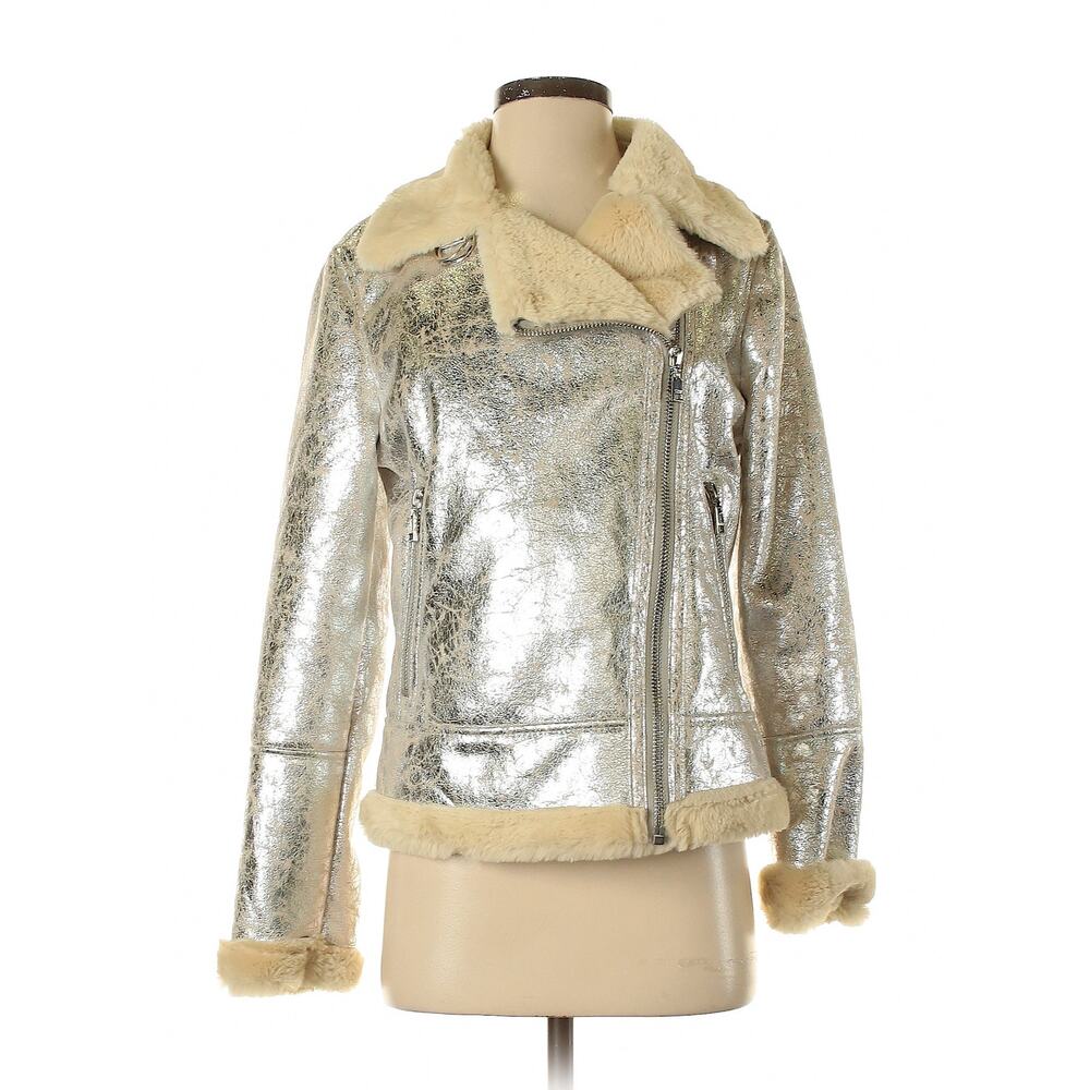 TOMMY HILFIGER Distressed Silver Metallic Shearling Motorcycle Jacket Petite S